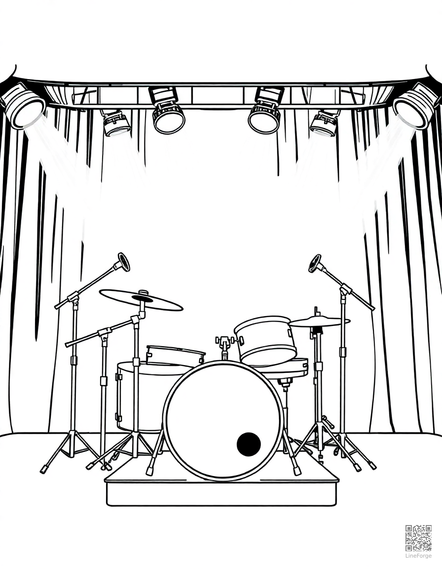 drum set on a stage with spotlights coloring page Manga style - free printable