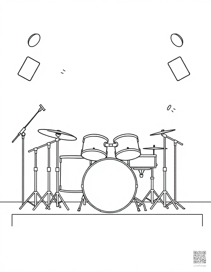 drum set on a stage with spotlights coloring page Minimal style - free printable