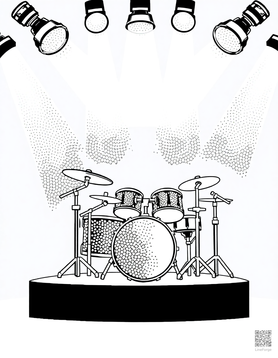 drum set on a stage with spotlights coloring page Stipple style - free printable