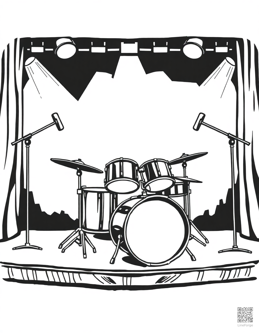 drum set on a stage with spotlights coloring page Woodcut style - free printable