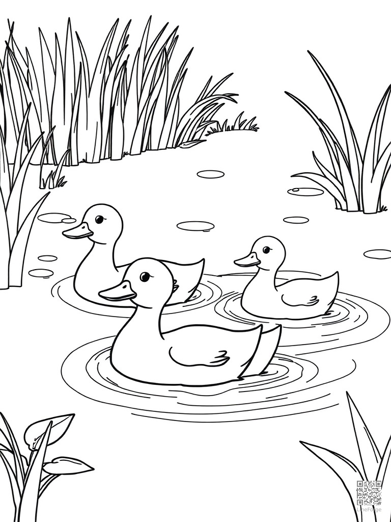 Duck family swimming in a farm pond coloring page Contour style - free printable