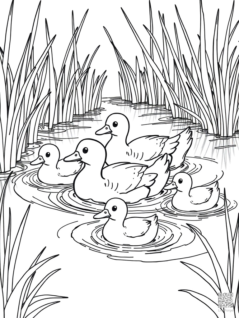 Duck family swimming in a farm pond coloring page Crosshatch style - free printable