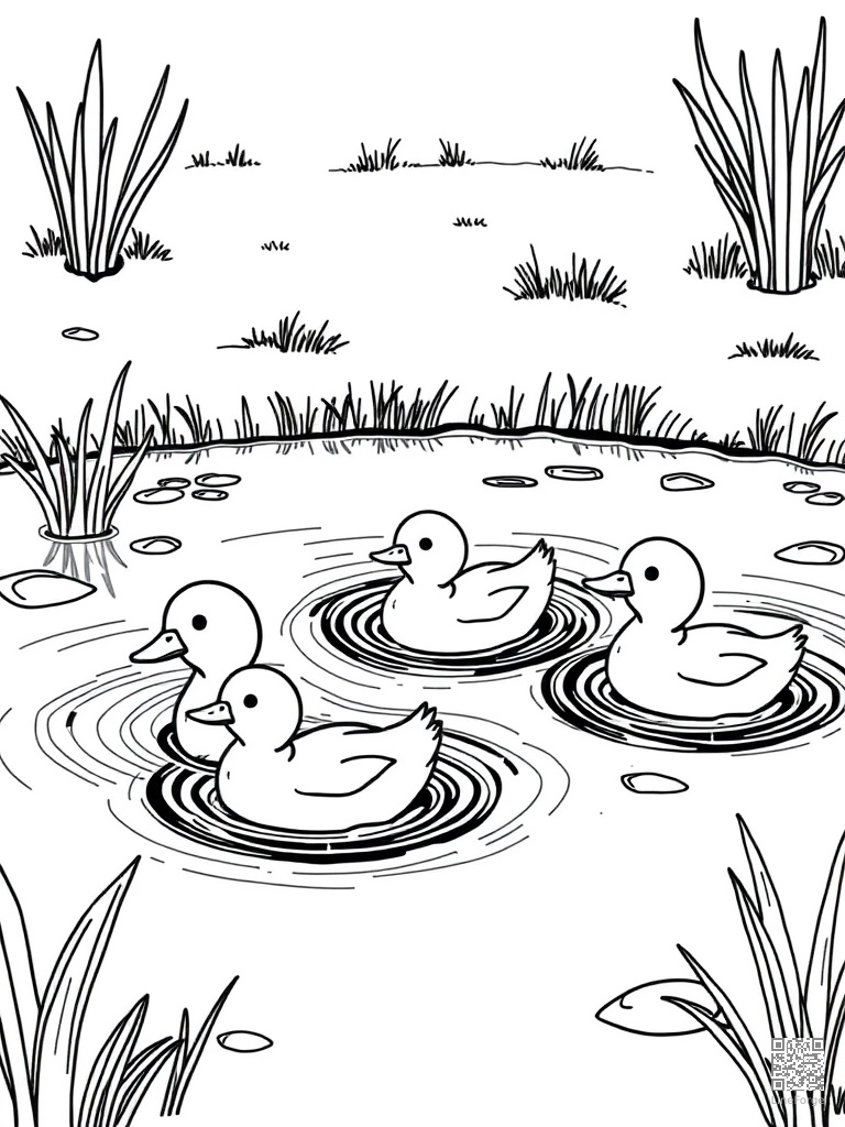 Duck family swimming in a farm pond coloring page Manga style - free printable