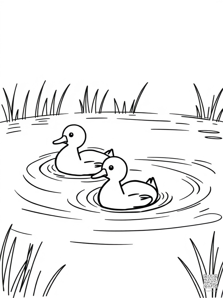 Duck family swimming in a farm pond coloring page Minimal style - free printable