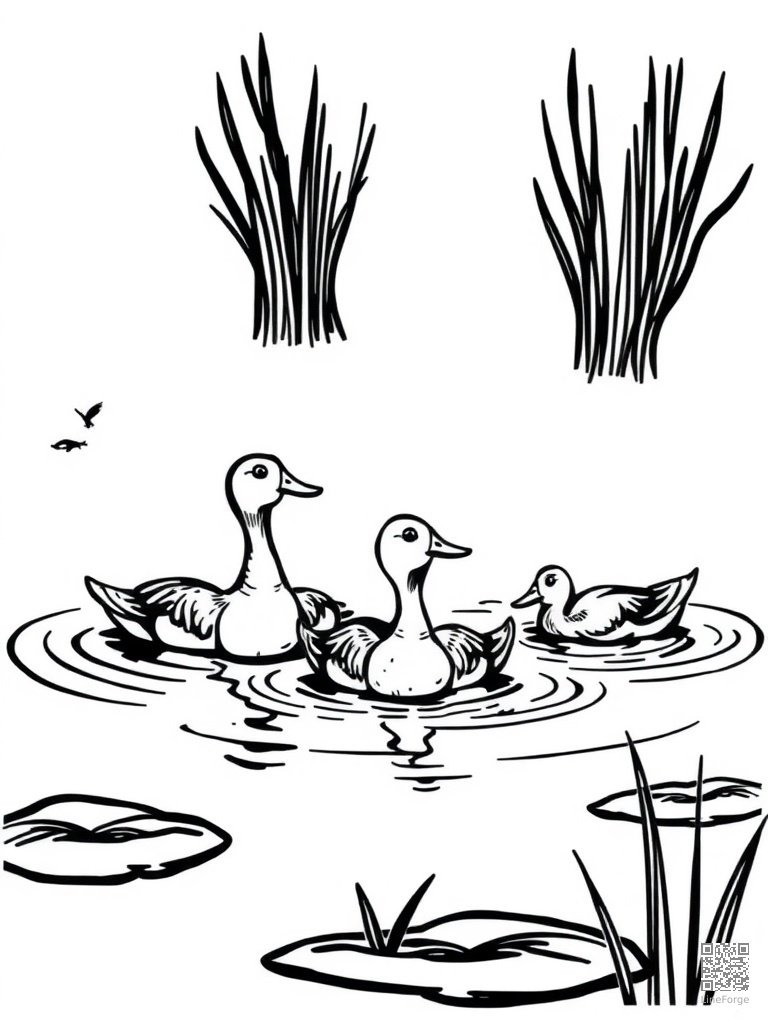 Duck family swimming in a farm pond coloring page Woodcut style - free printable