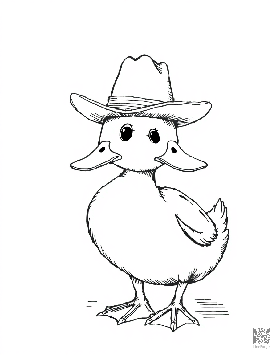 duck wearing a tiny cowboy hat coloring page Crosshatch style - free printable