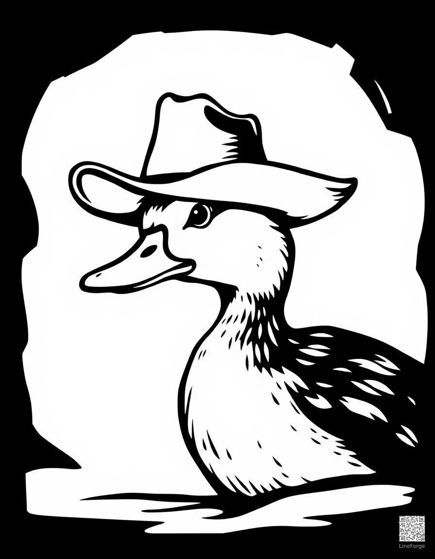 duck wearing a tiny cowboy hat coloring page Woodcut style - free printable
