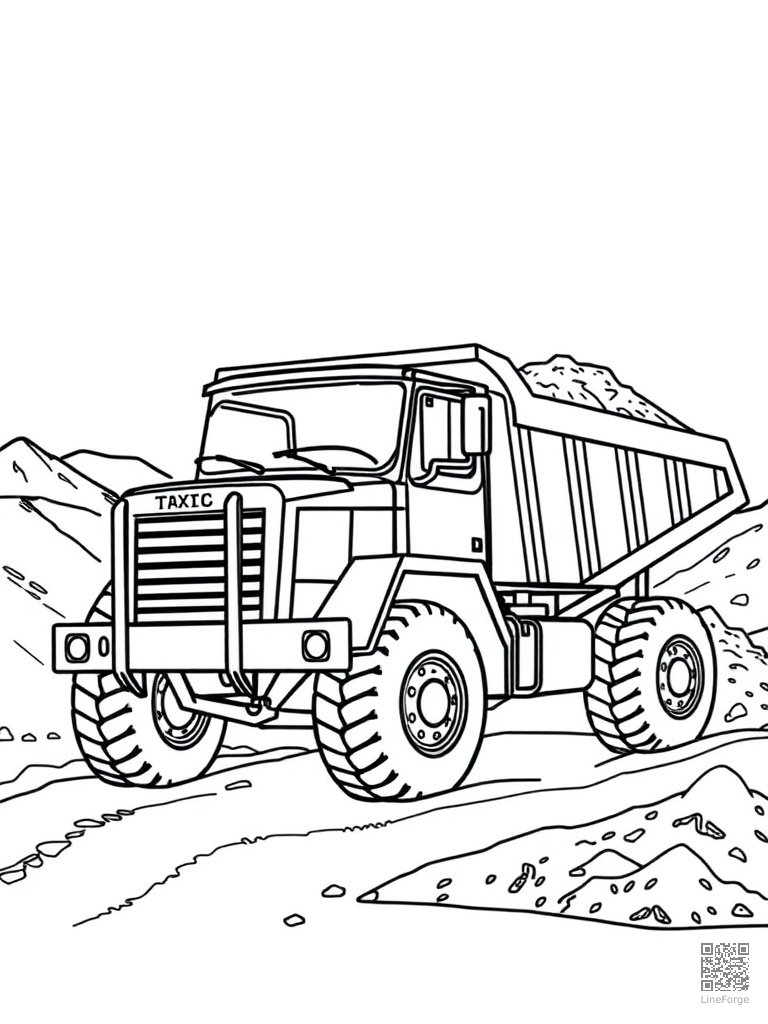 Dump truck hauling dirt at a construction site coloring page Contour style - free printable