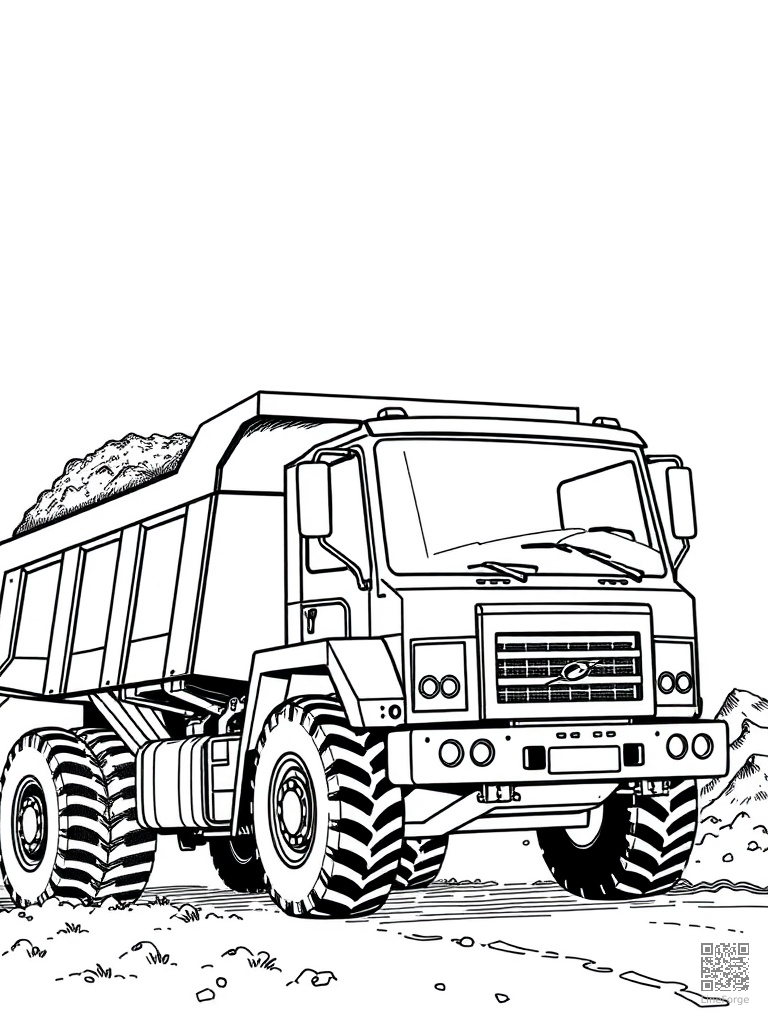 Dump truck hauling dirt at a construction site coloring page Crosshatch style - free printable