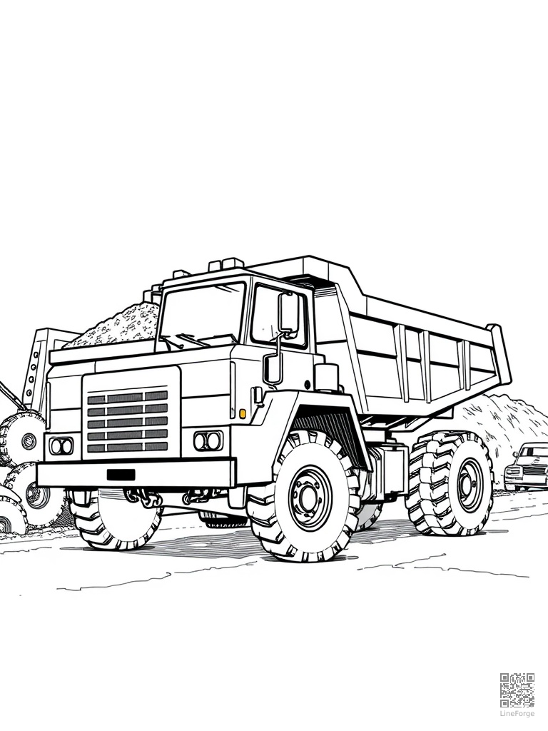 Dump truck hauling dirt at a construction site coloring page Manga style - free printable