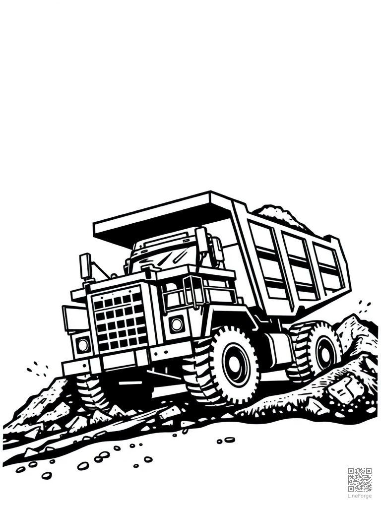 Dump truck hauling dirt at a construction site coloring page Woodcut style - free printable