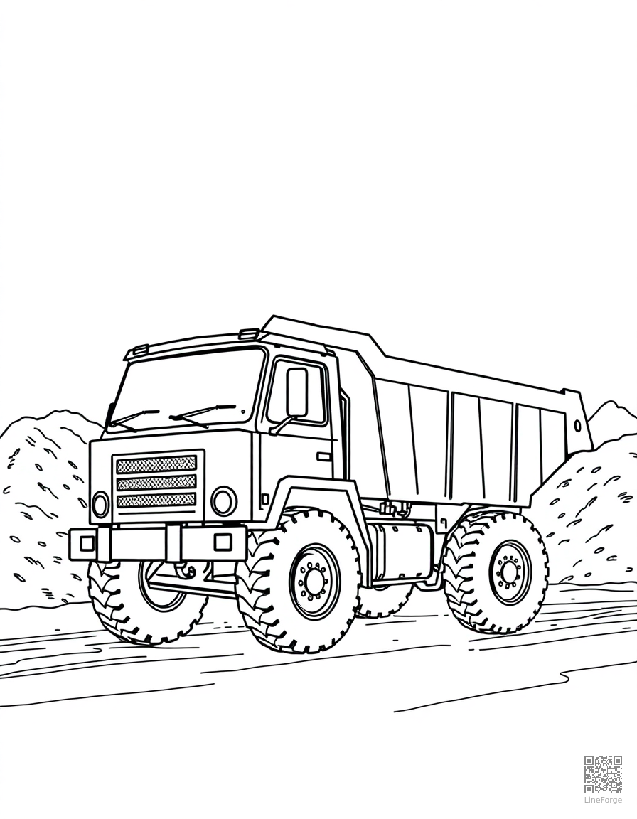 dump truck unloading at a construction site coloring page Contour style - free printable