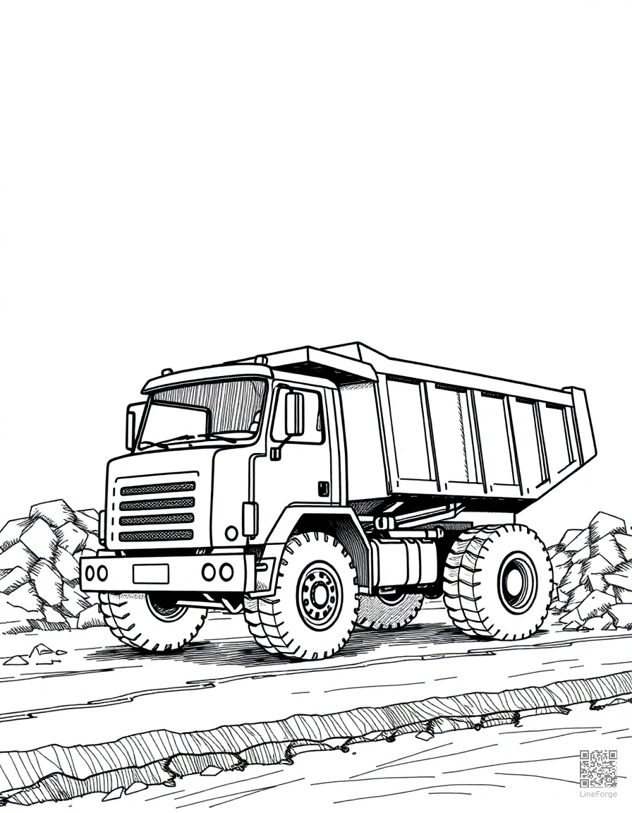 dump truck unloading at a construction site coloring page Crosshatch style - free printable