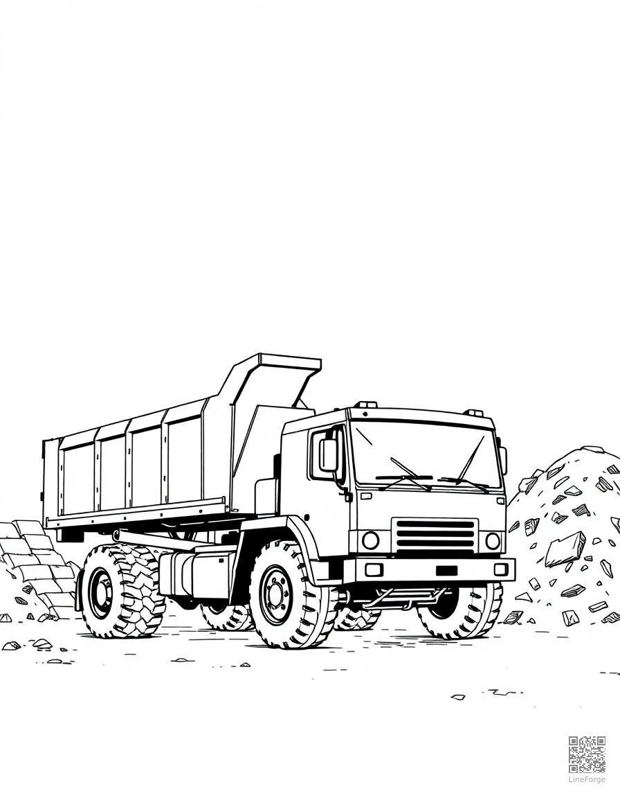 dump truck unloading at a construction site coloring page Manga style - free printable