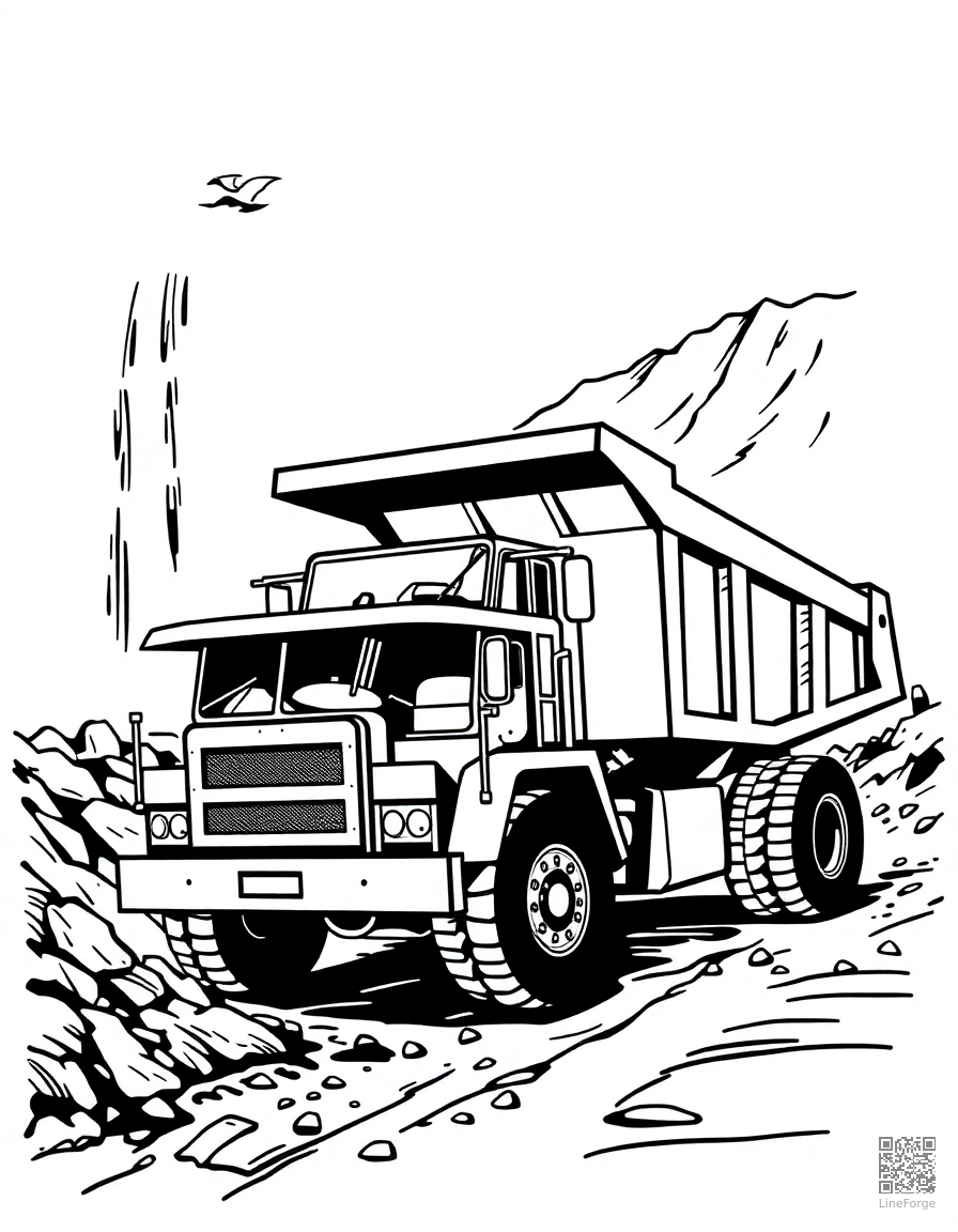 dump truck unloading at a construction site coloring page Woodcut style - free printable