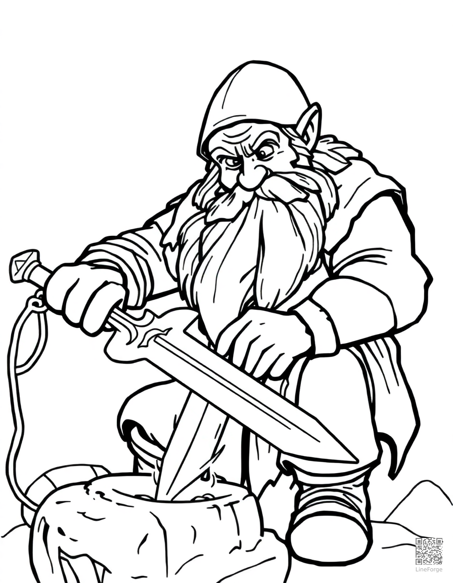 Free dwarf blacksmith forging a magical sword coloring page in contour style — printable line art