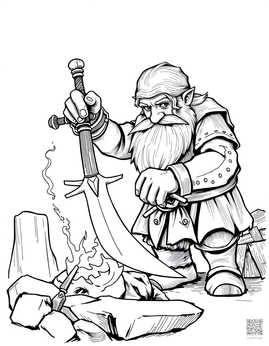 dwarf blacksmith forging a magical sword coloring page Crosshatch style - free printable