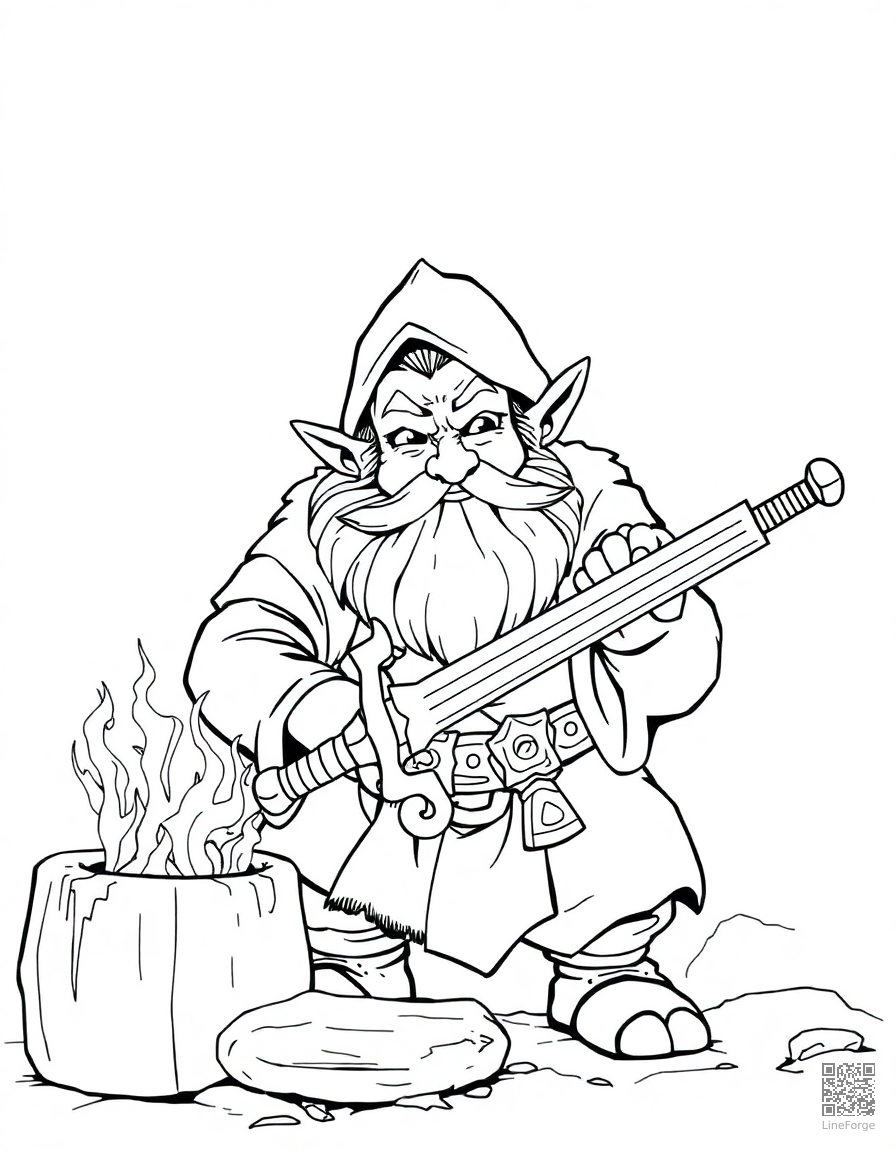 Free dwarf blacksmith forging a magical sword coloring page in manga style — printable line art