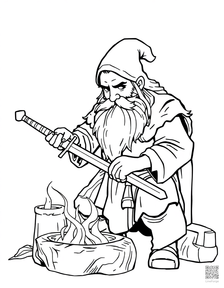 dwarf blacksmith forging a magical sword coloring page Minimal style - free printable