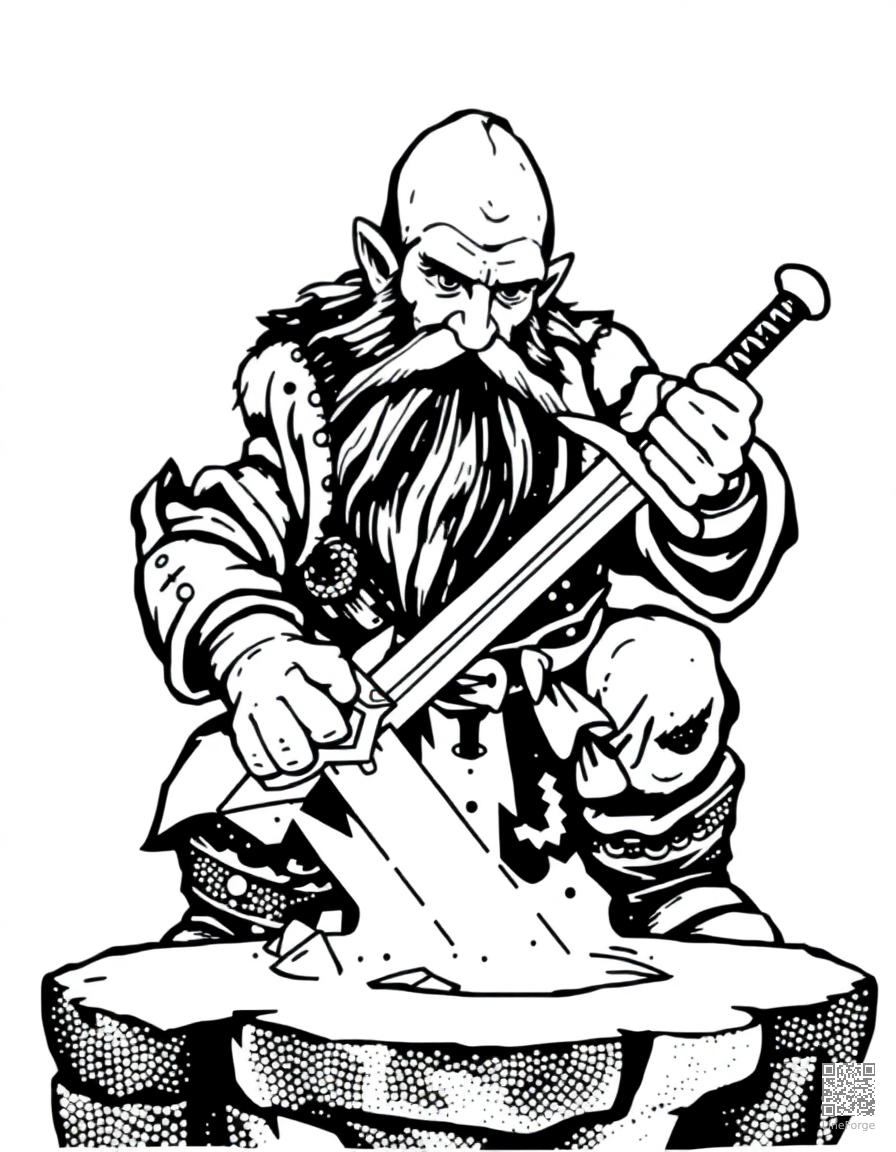 Free dwarf blacksmith forging a magical sword coloring page in stipple style — printable line art