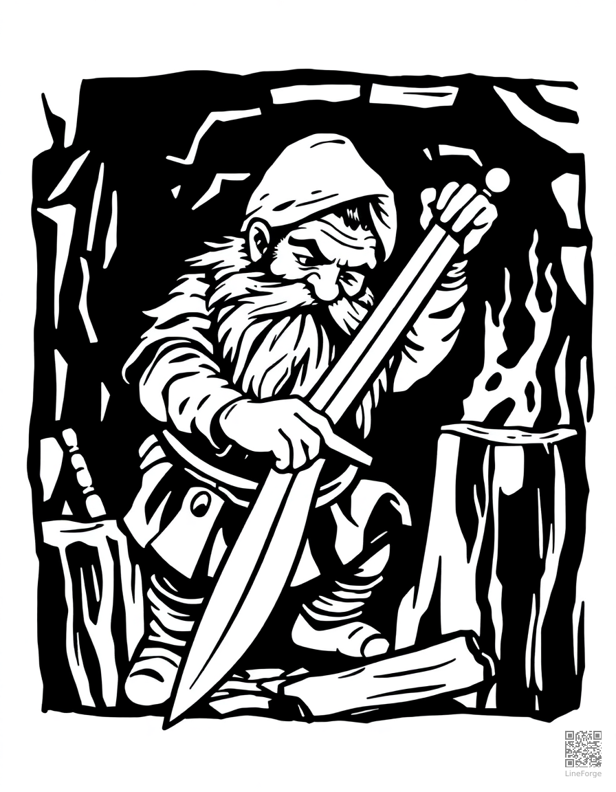 dwarf blacksmith forging a magical sword coloring page Woodcut style - free printable