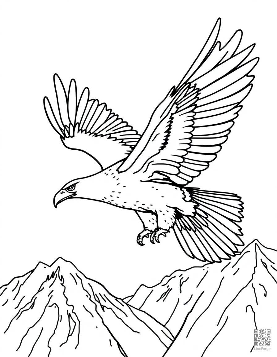Free eagle soaring over mountains coloring page in contour style — printable line art