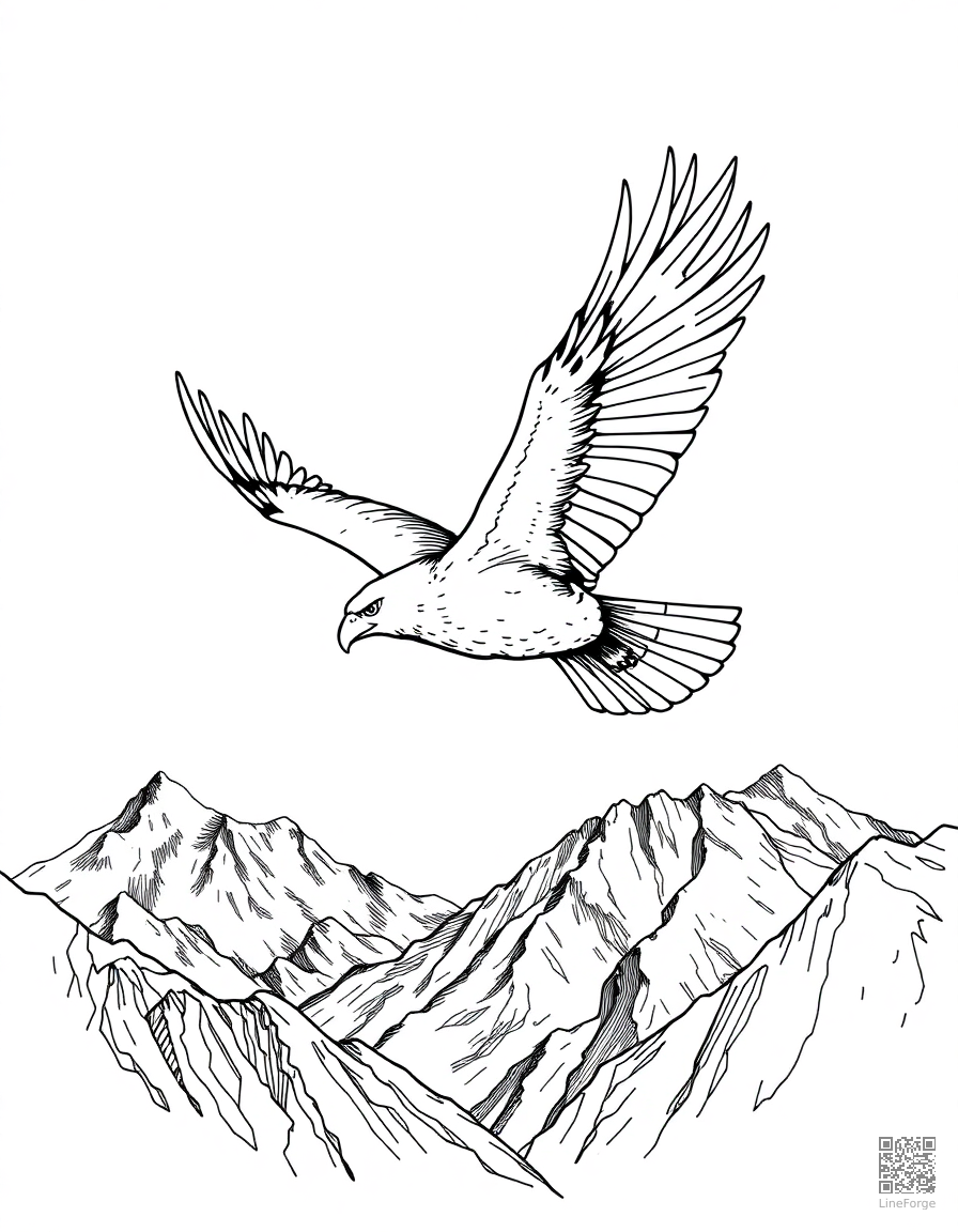 Free eagle soaring over mountains coloring page in crosshatch style — printable line art