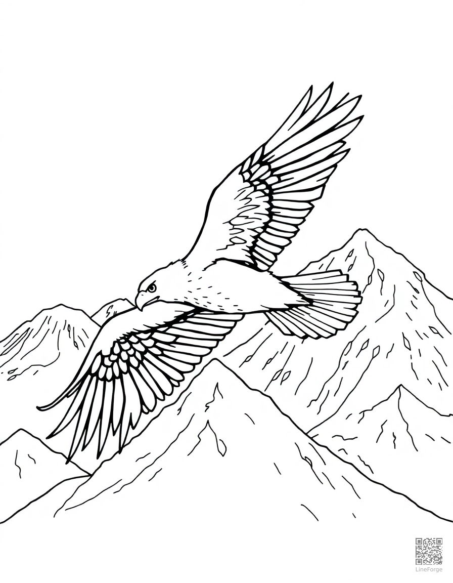 Free eagle soaring over mountains coloring page in manga style — printable line art