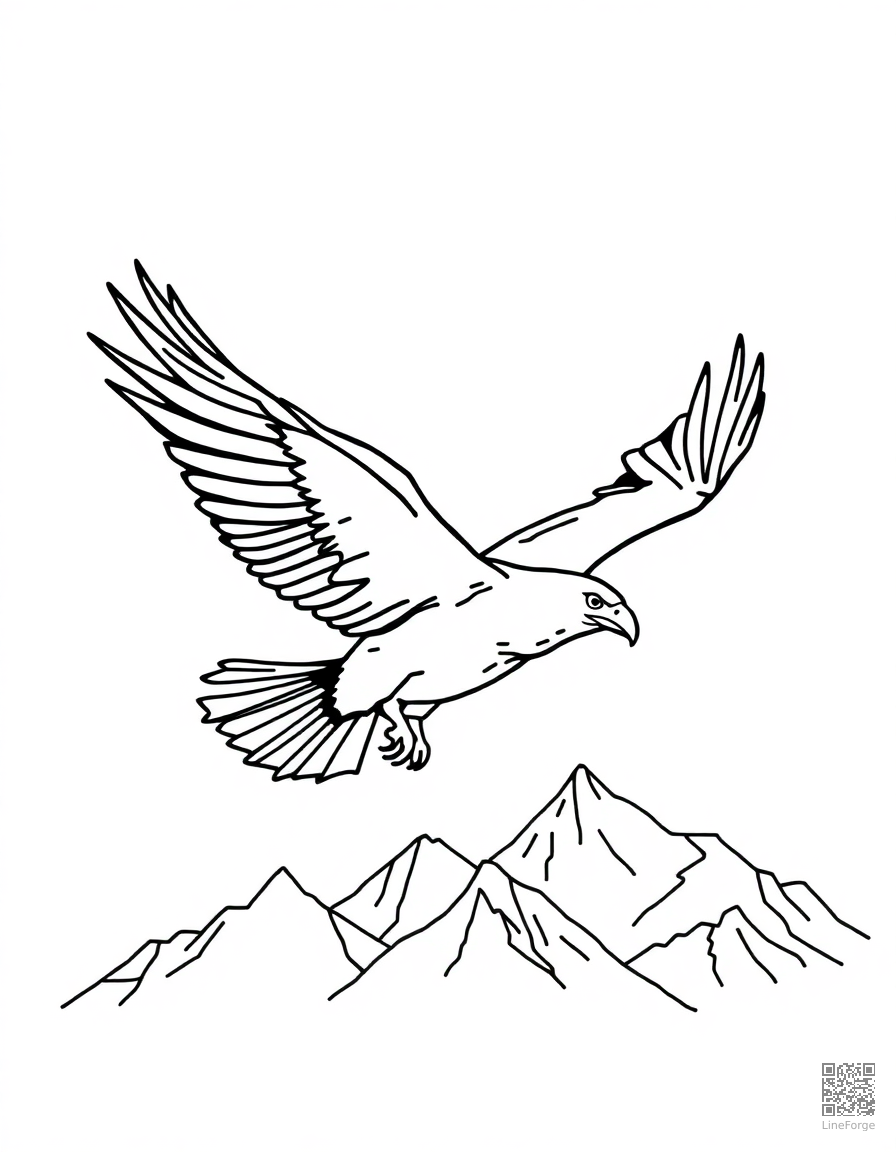 Free eagle soaring over mountains coloring page in minimal style — printable line art