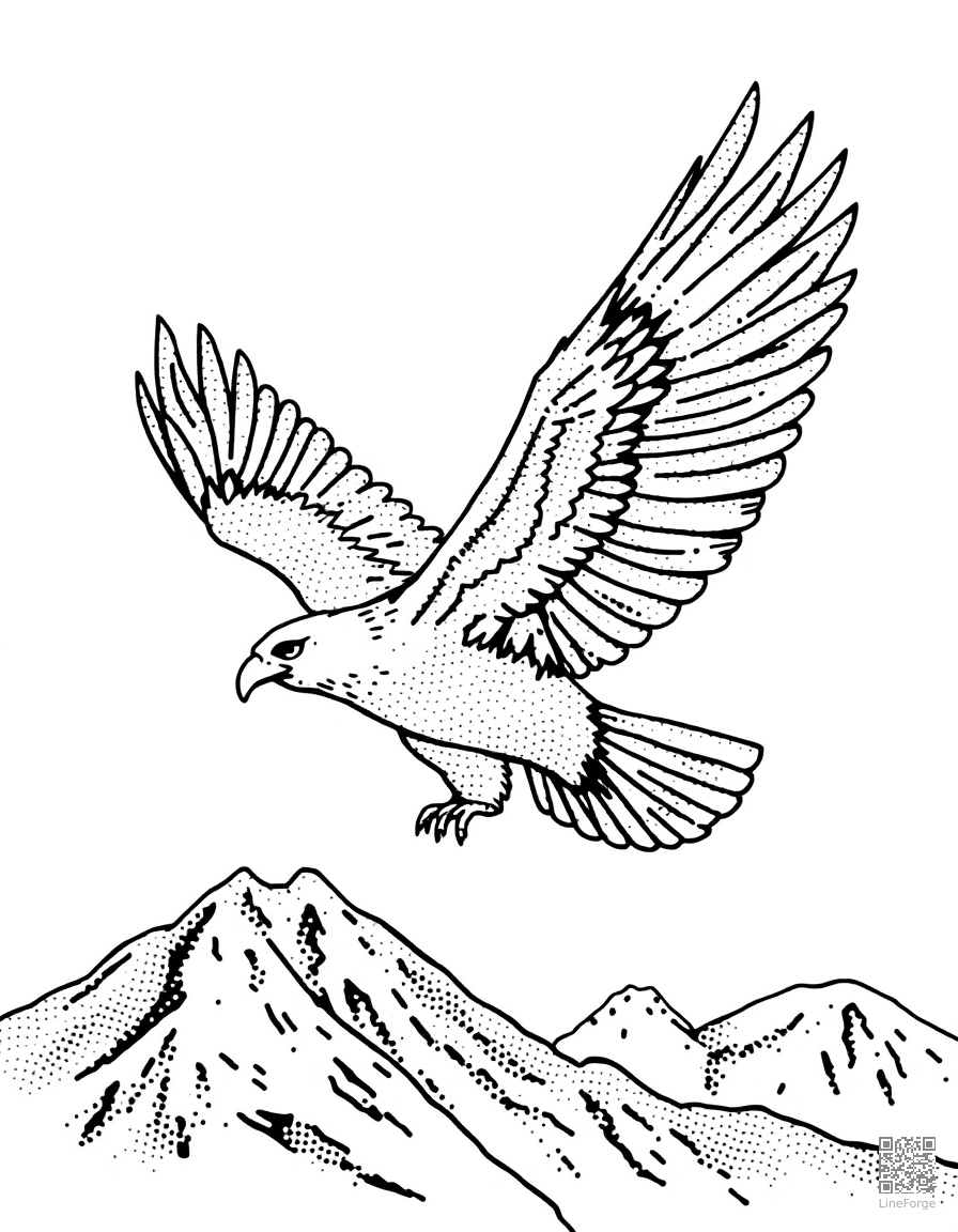 Free eagle soaring over mountains coloring page in stipple style — printable line art