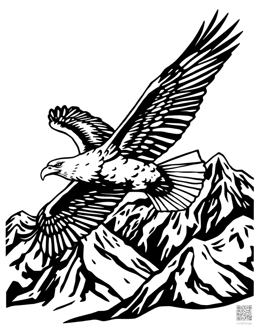 Free eagle soaring over mountains coloring page in woodcut style — printable line art