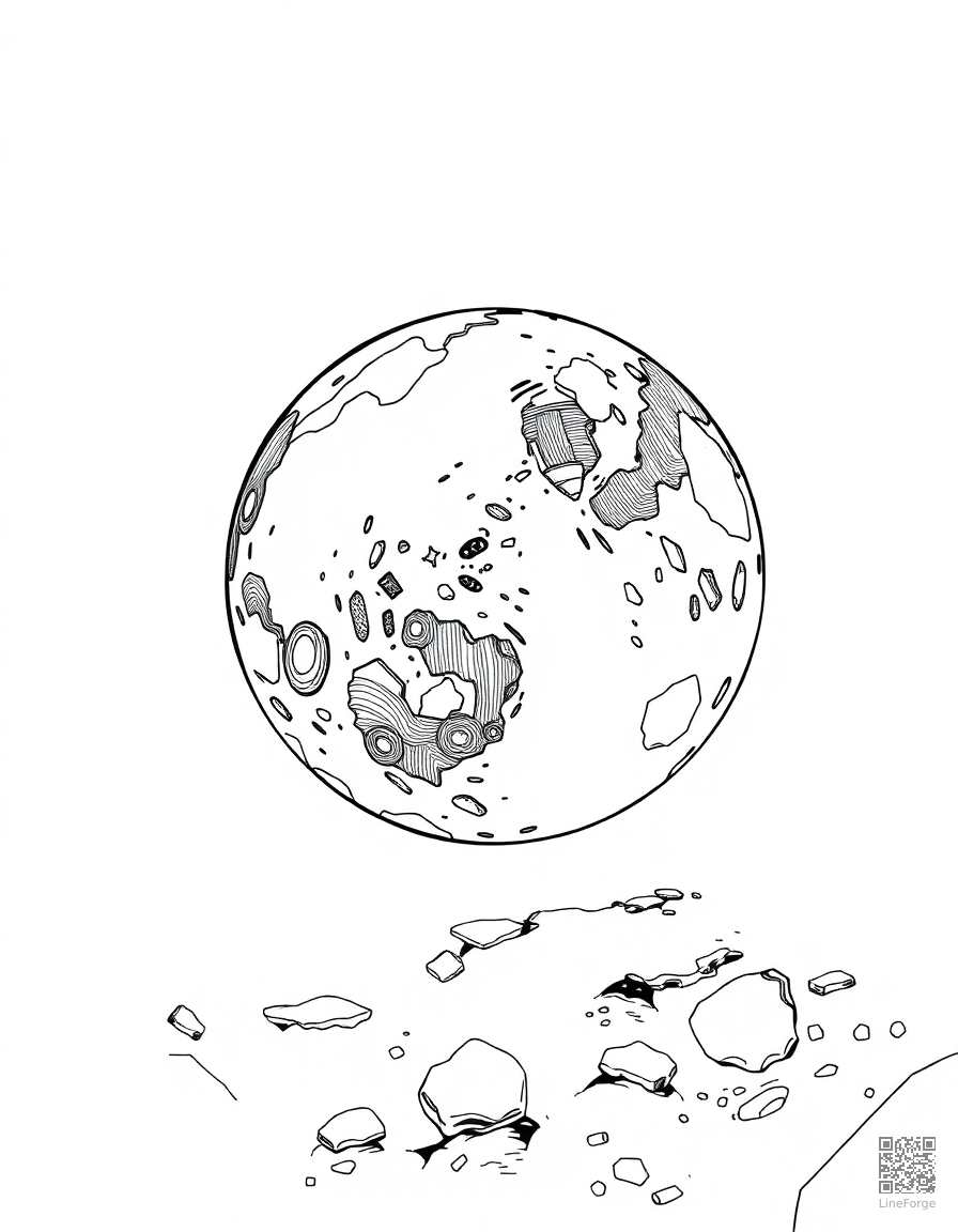 earth seen from the moon surface coloring page Manga style - free printable