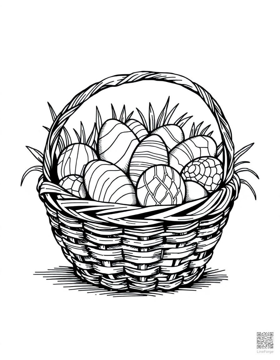 easter basket full of chocolate eggs coloring page Crosshatch style - free printable