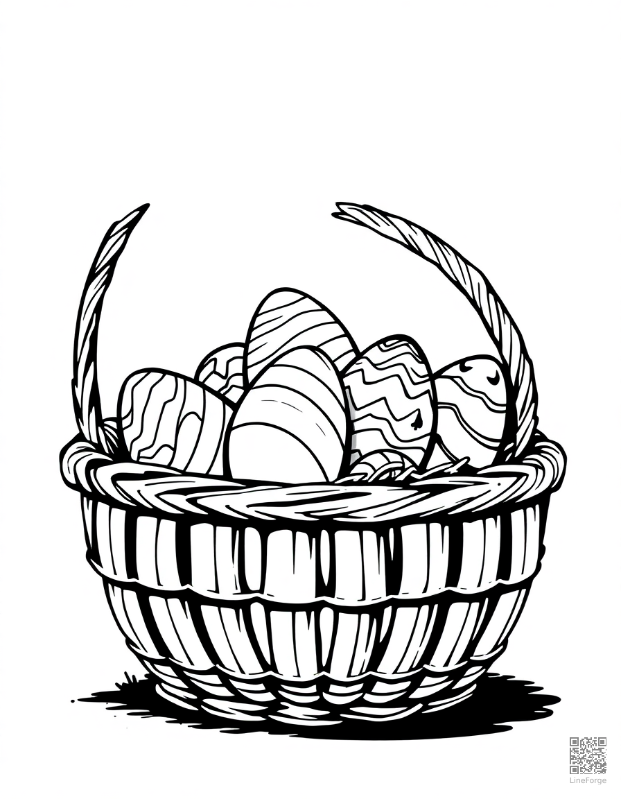 easter basket full of chocolate eggs coloring page Woodcut style - free printable