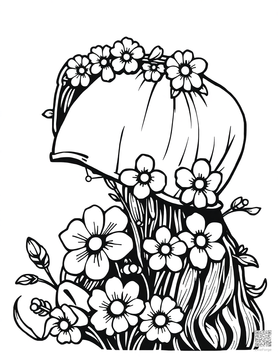 easter bonnet decorated with flowers coloring page Woodcut style - free printable