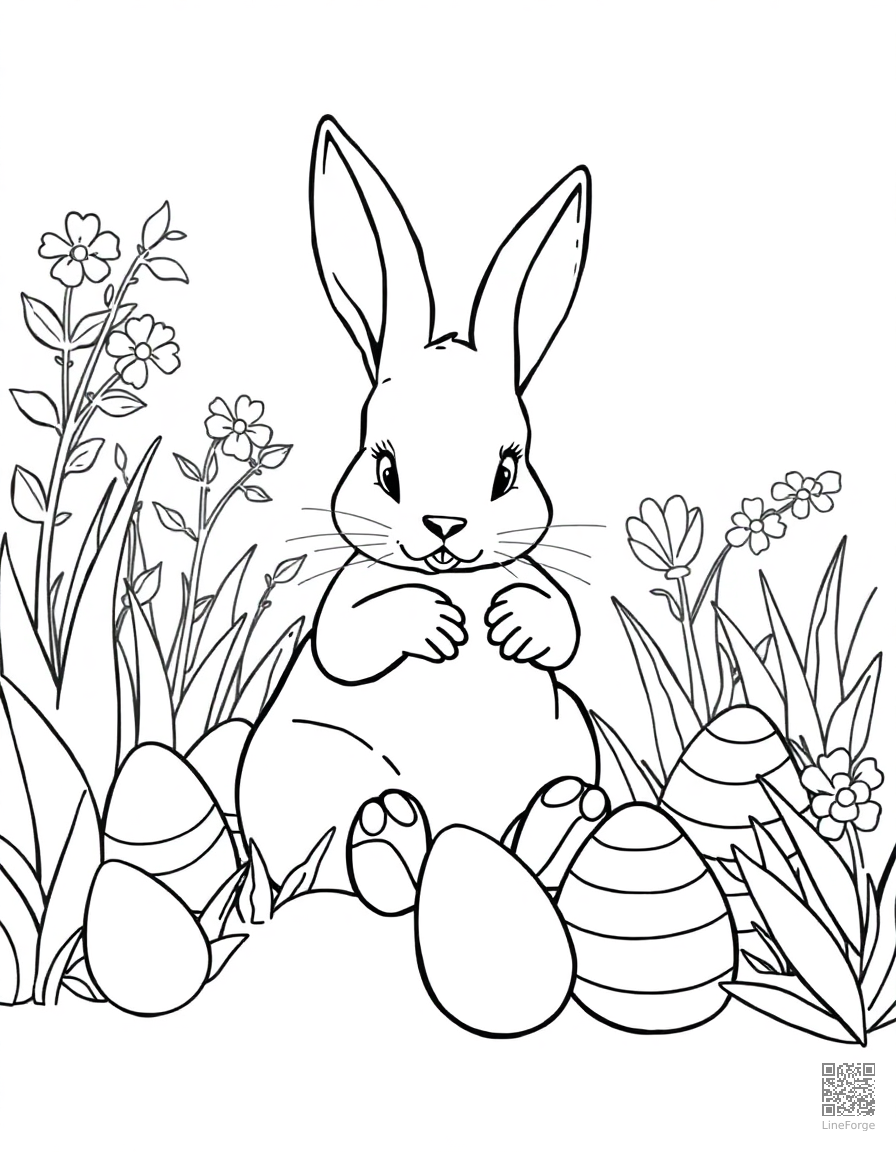 easter bunny hiding eggs in a garden coloring page Contour style - free printable