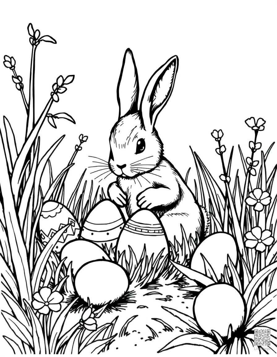 easter bunny hiding eggs in a garden coloring page Crosshatch style - free printable