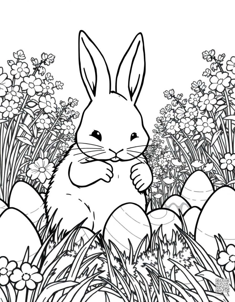 easter bunny hiding eggs in a garden coloring page Manga style - free printable