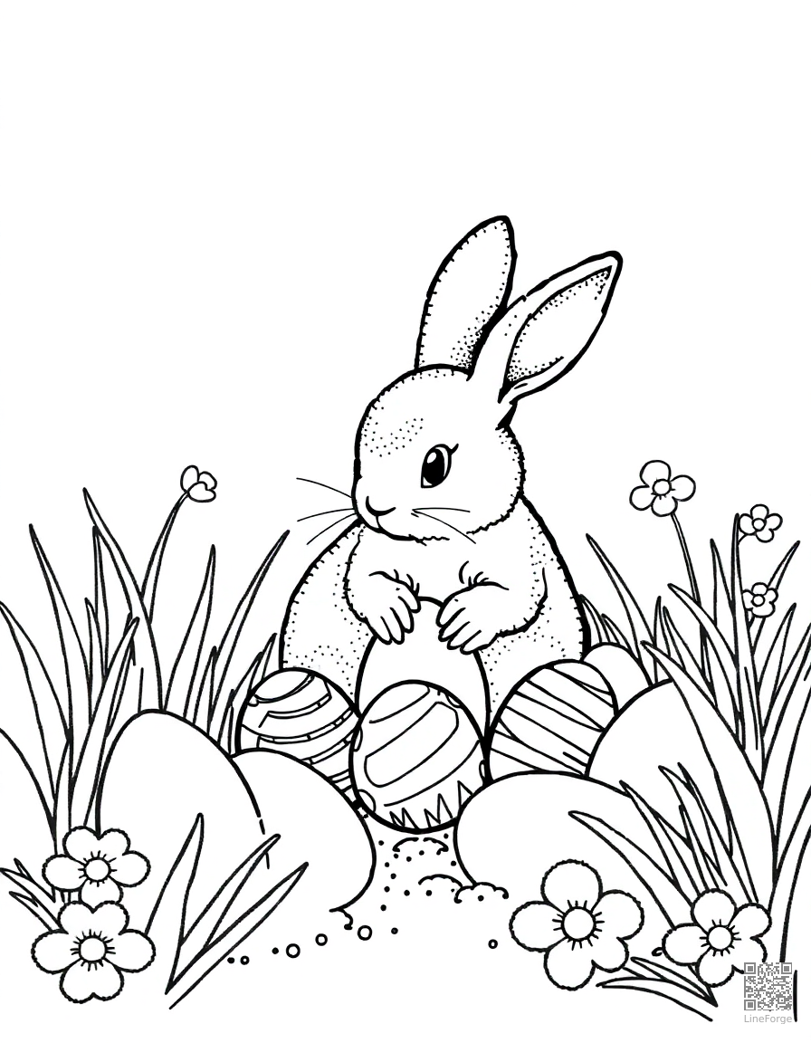 easter bunny hiding eggs in a garden coloring page Stipple style - free printable