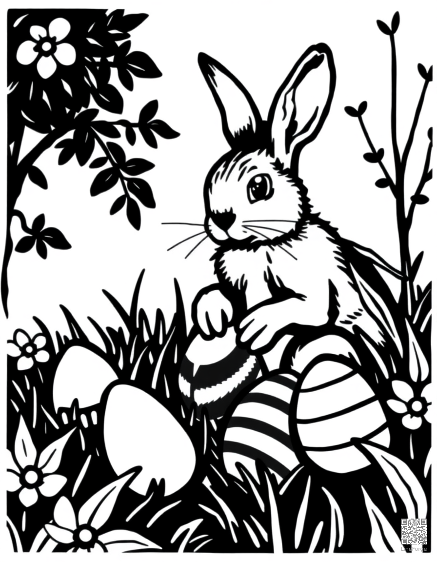 easter bunny hiding eggs in a garden coloring page Woodcut style - free printable