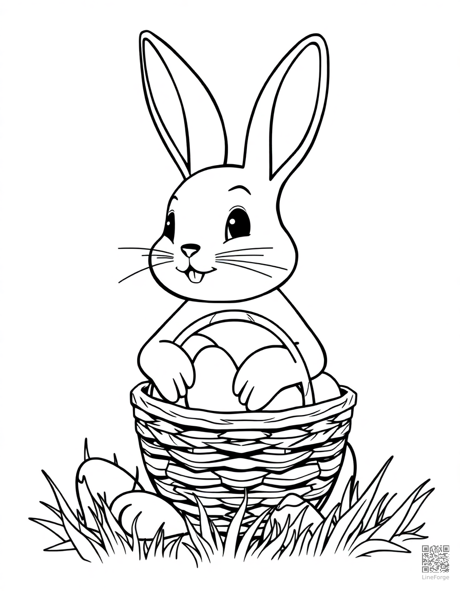 Free easter bunny with a basket of eggs coloring page in contour style — printable line art