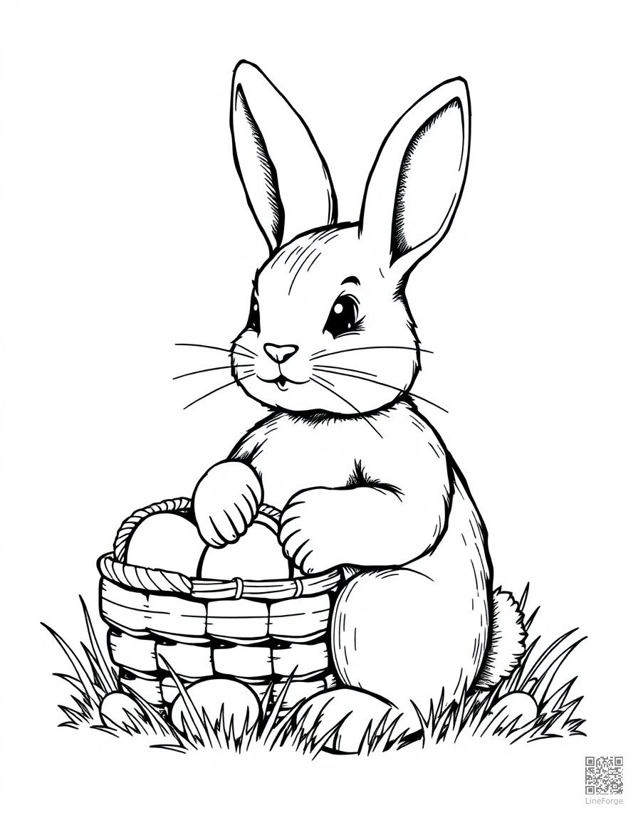 Free easter bunny with a basket of eggs coloring page in crosshatch style — printable line art