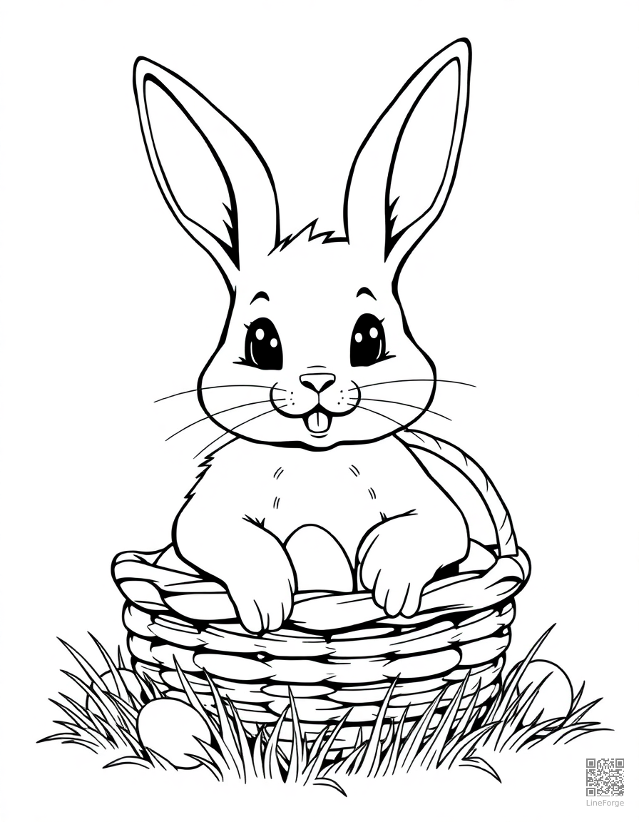 Free easter bunny with a basket of eggs coloring page in manga style — printable line art