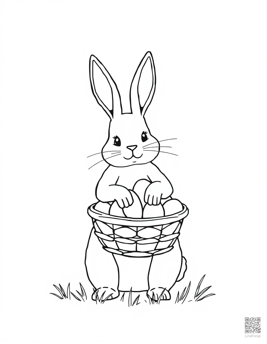Free easter bunny with a basket of eggs coloring page in minimal style — printable line art