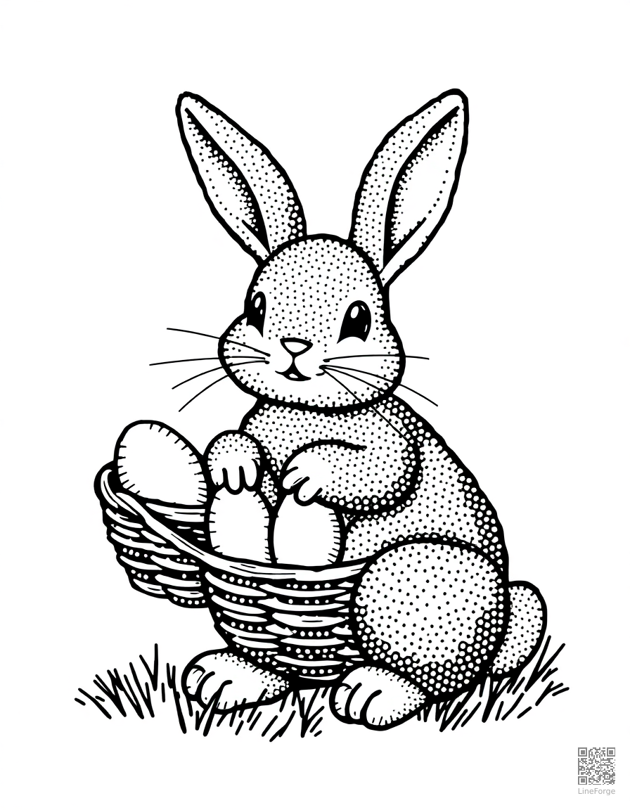 Free easter bunny with a basket of eggs coloring page in stipple style — printable line art