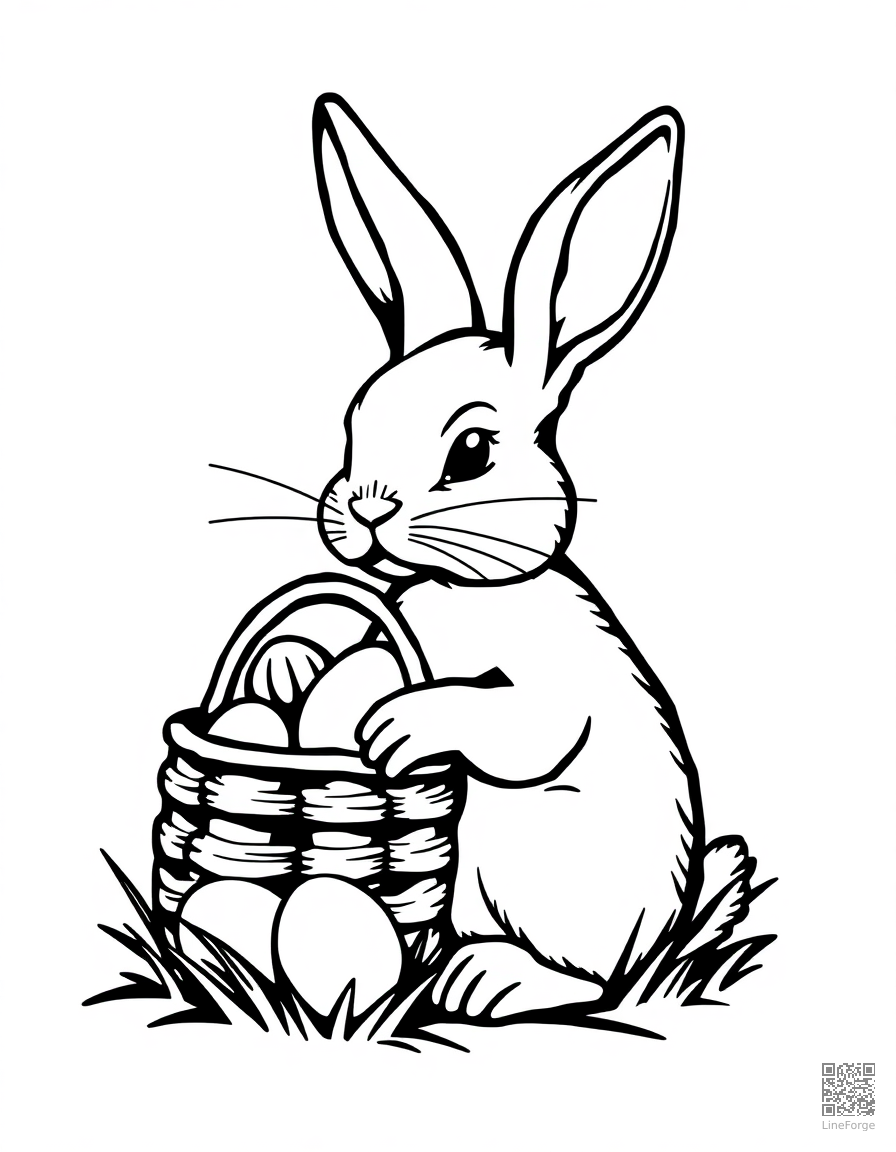 Free easter bunny with a basket of eggs coloring page in woodcut style — printable line art