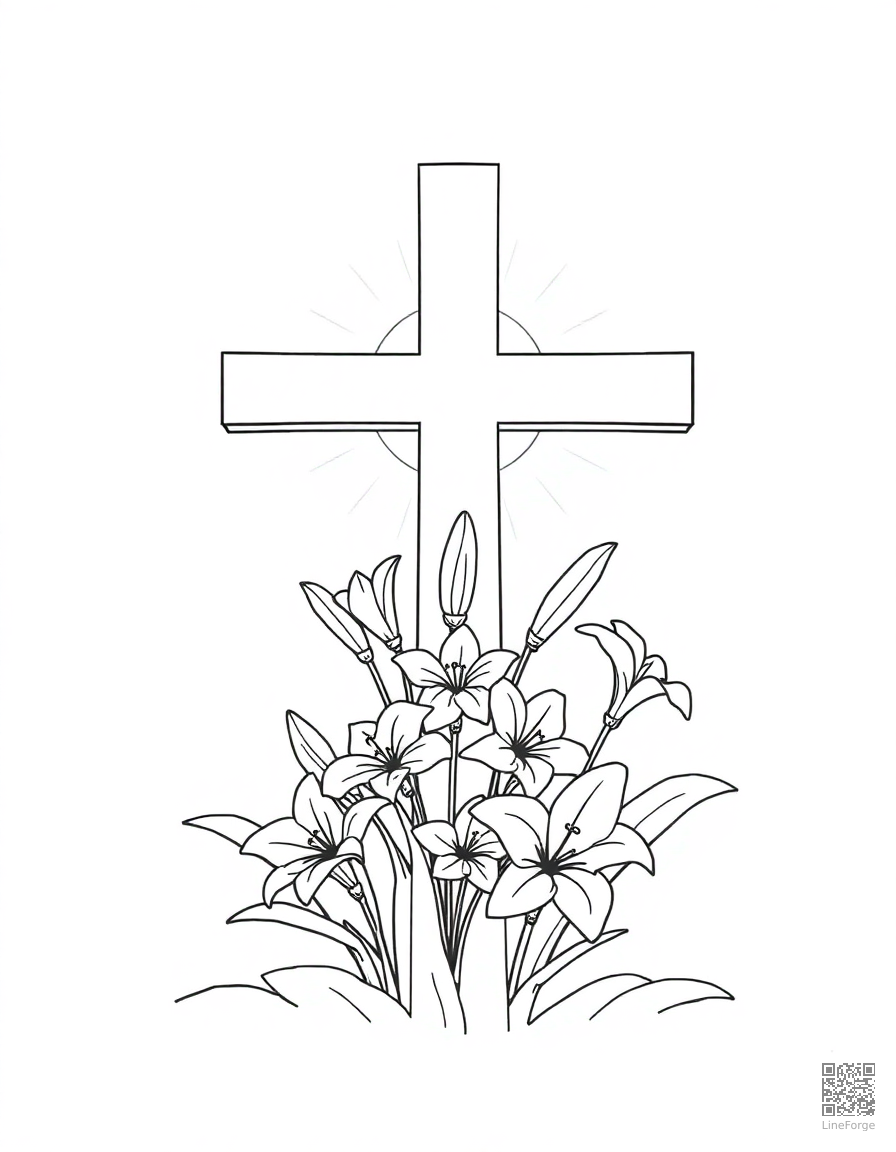 easter cross with lilies and sunrise coloring page Contour style - free printable