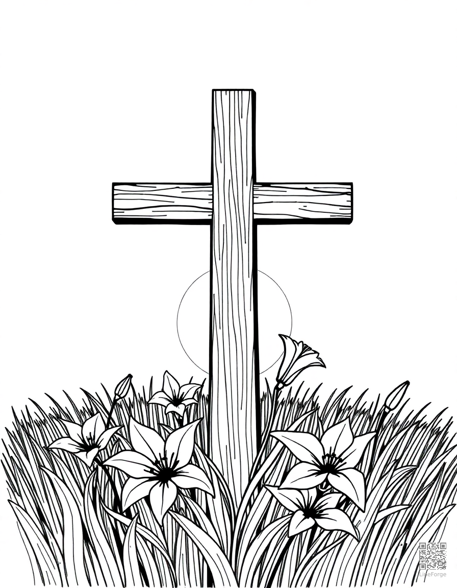 easter cross with lilies and sunrise coloring page Crosshatch style - free printable