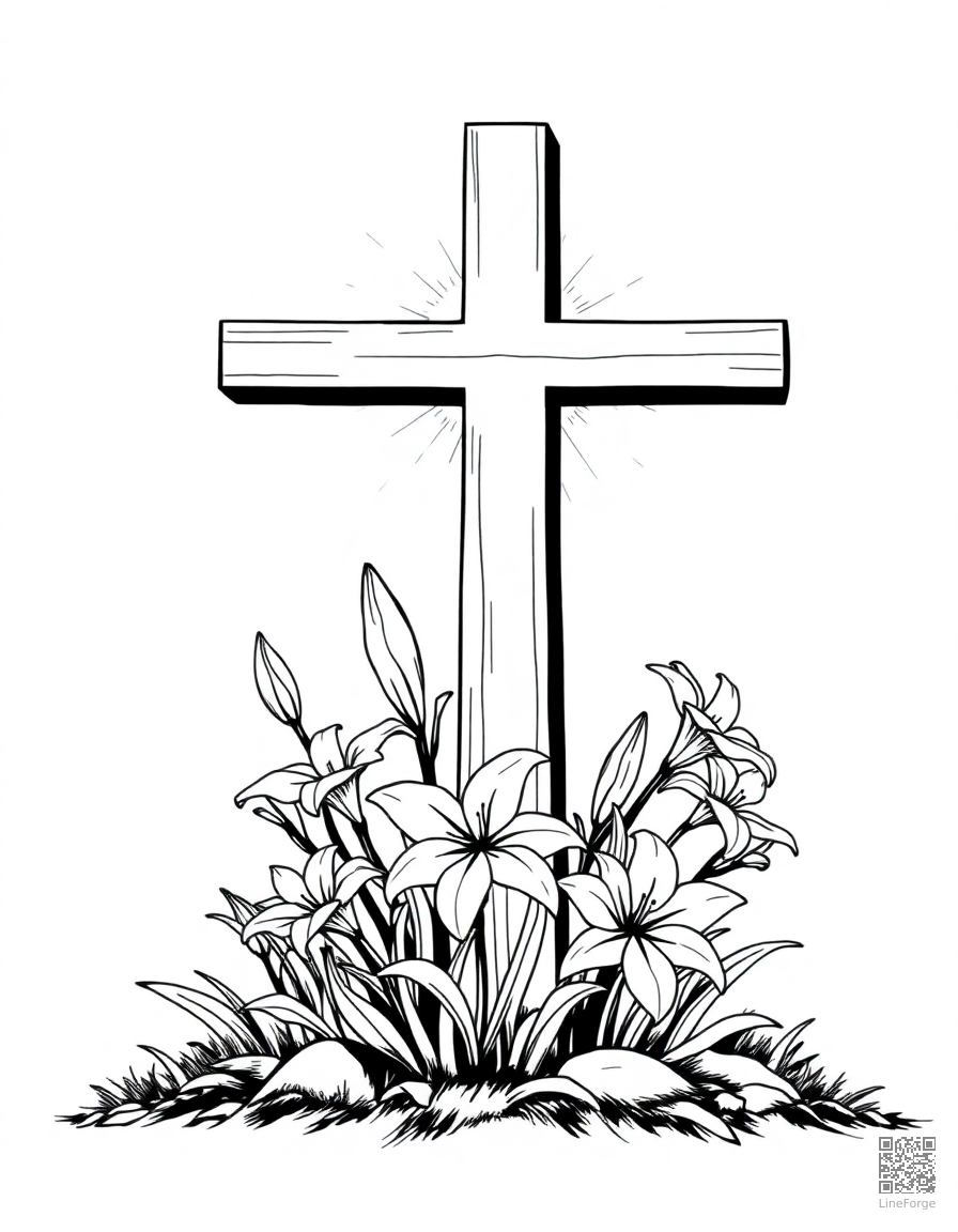 easter cross with lilies and sunrise coloring page Manga style - free printable