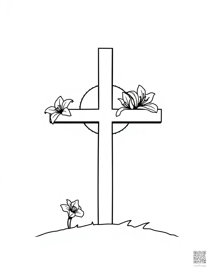 easter cross with lilies and sunrise coloring page Minimal style - free printable